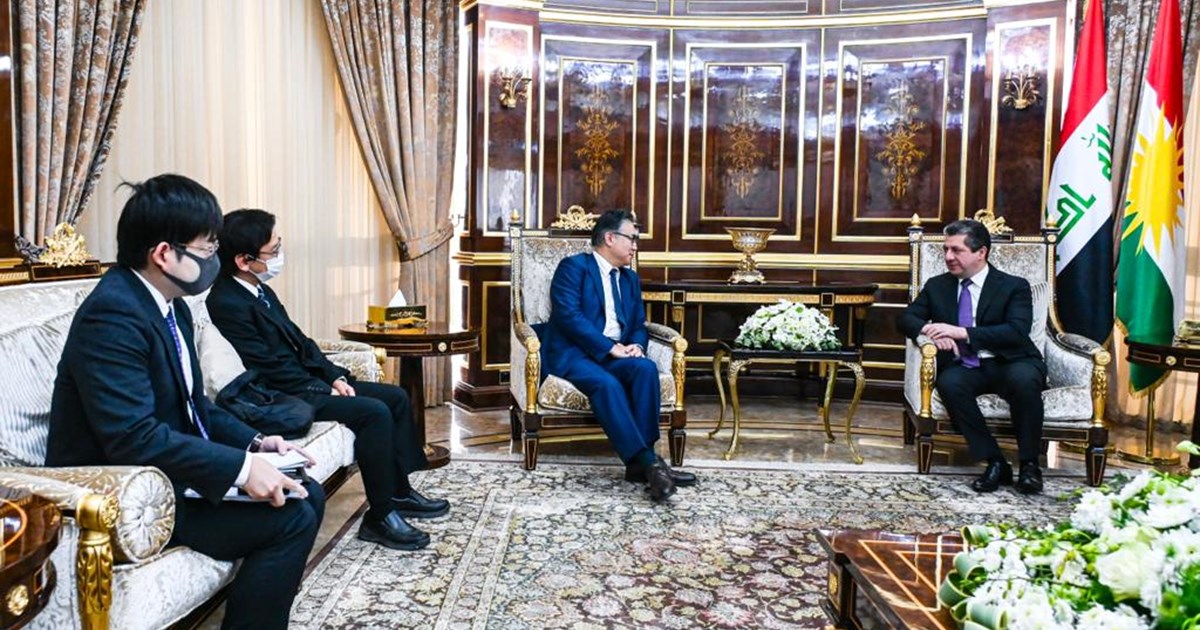 PM Barzani (top right) during his meeting with new Japanese Ambassador to Iraq Futoshi Matsumoto, Nov. 30, 2022. (Photo: KRG)