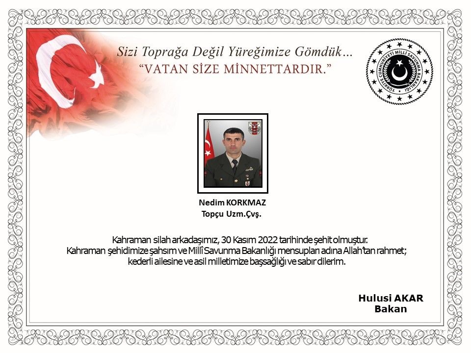 The picture of a soldier who killed on Nov. 30, 2022. (Photo: Turkish Ministry of National Defense)
