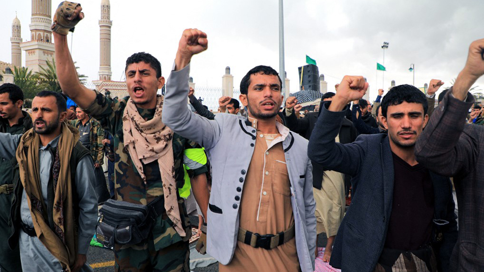Yemeni Muslim worshippers, protest at Friday Noon prayers in solidarity with the Palestinians of the Gaza Strip and the West Bank, in the Houthi-controlled Yemeni capital Sanaa, Oct. 27, 2023. (Photo: Mohammed Huwais/AFP)