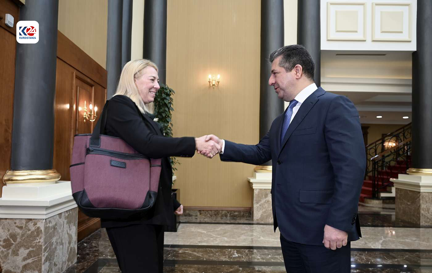 Kurdistan Region Prime Minister Masrour Barzani (right) shaking hands with the new Canadian Ambassador to Iraq, Kathy Bunka, November 1, 2023. (Photo: KRG)