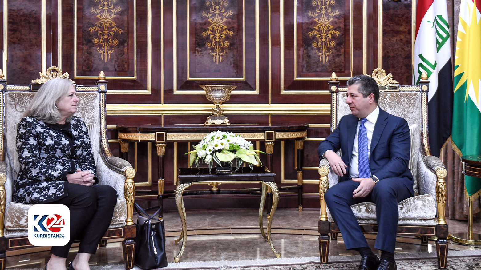 Kurdistan Region Prime Minister Masrour Barzani (right) during his meeting with US Ambassador to Iraq Alina L. Romanowski, Nov. 1, 2023. (Photo: KRG)