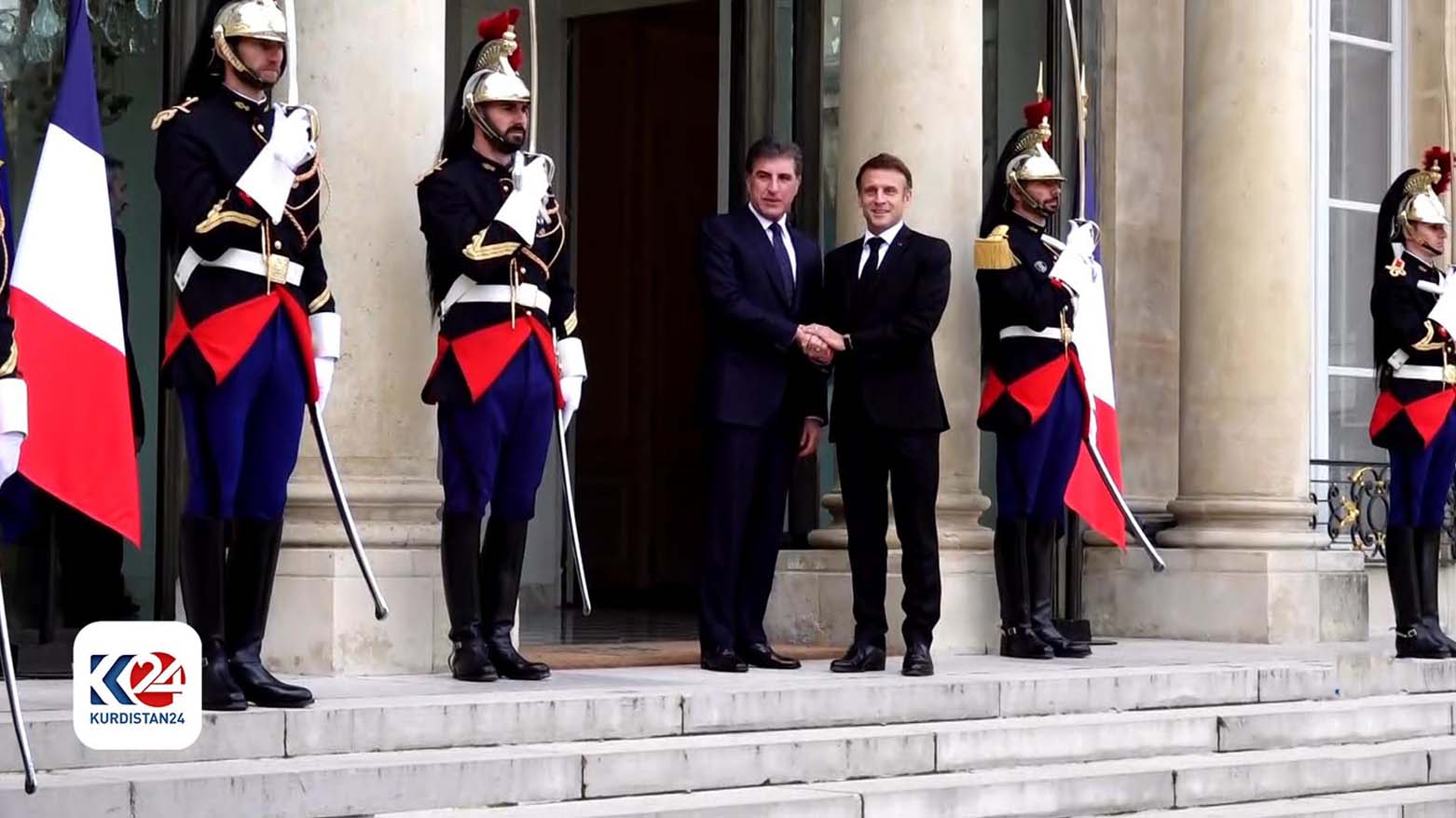 French President Emmanuel Macron on Friday received Kurdistan Region President Nechirvan Barzani at the Elysee Palace, Paris, Nov. 3, 2023 (Photo: Kurdistan Region Presidency)).