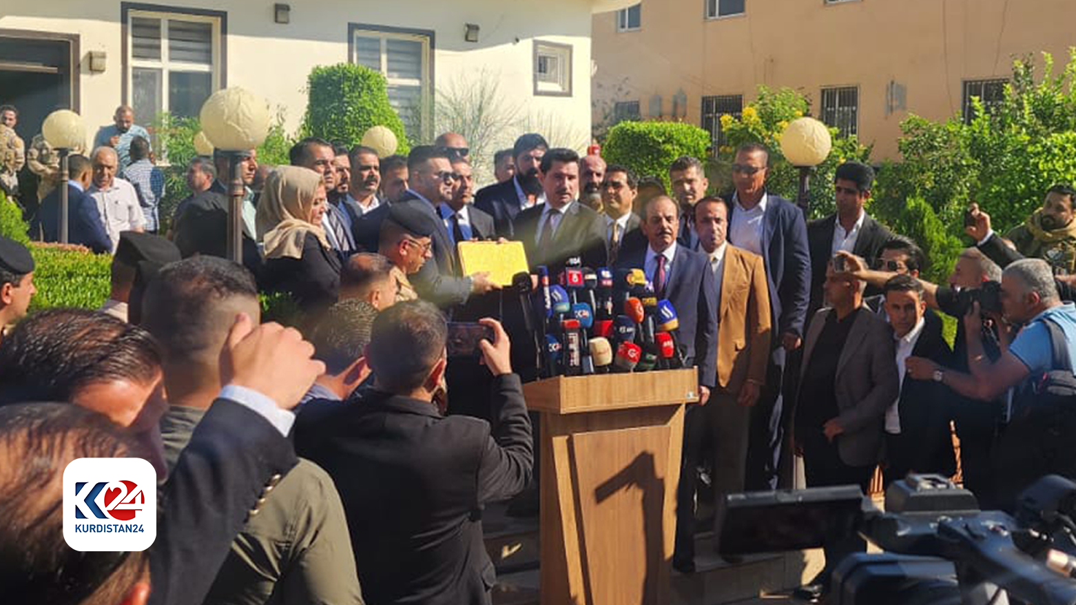 KDP officials, local officials and military leaders attend the hand-over ceremony of KDP headquarters in Kirkuk, Nov. 5, 2023. (Photo: Kurdistan 24)
