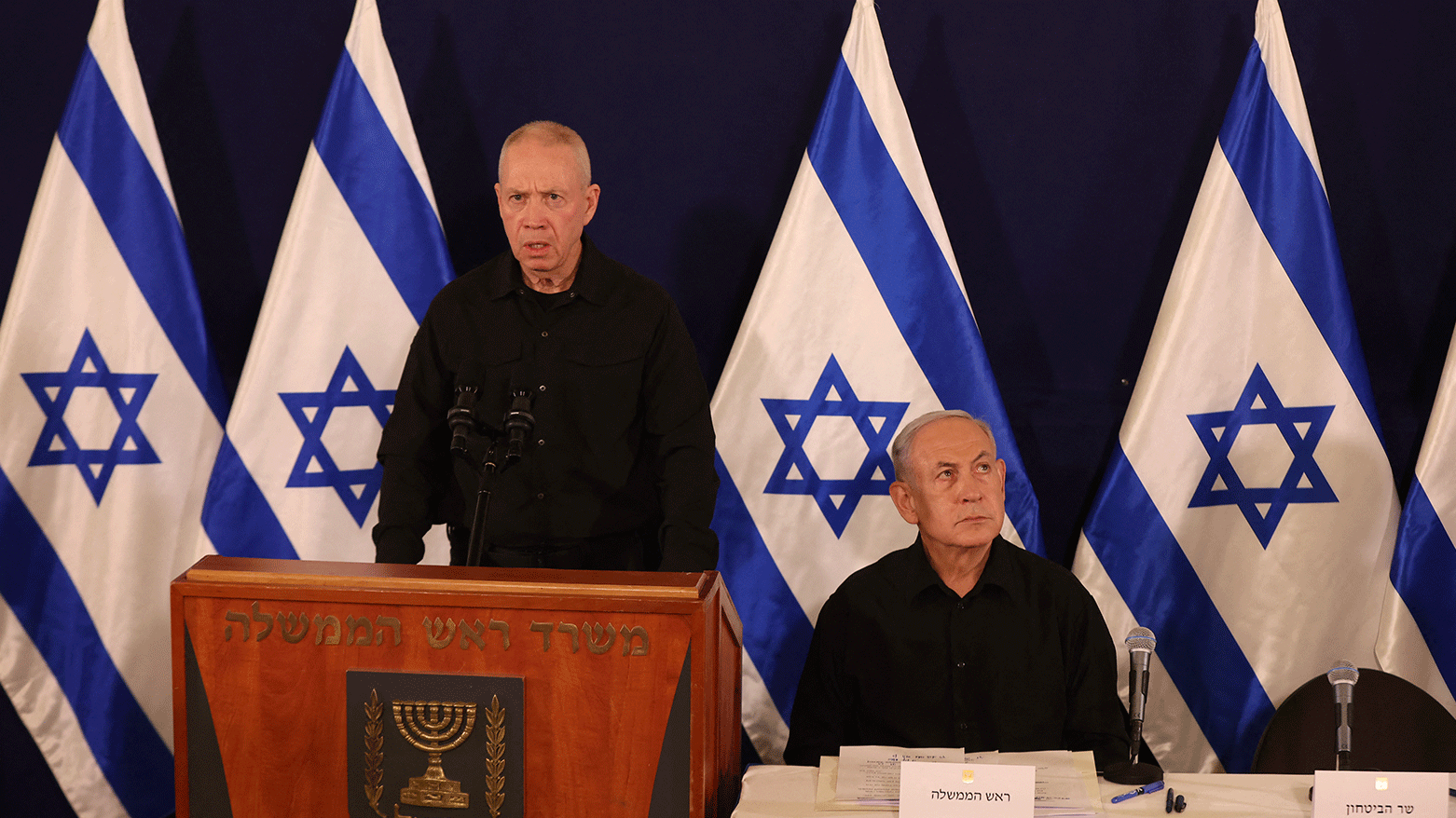Israeli Defence Minister Yoav Gallant (L) and Prime Minister Benjamin Netanyahu attend a press conference in the Kirya military base in Tel Aviv on October 28, 2023. (Photo: AFP)