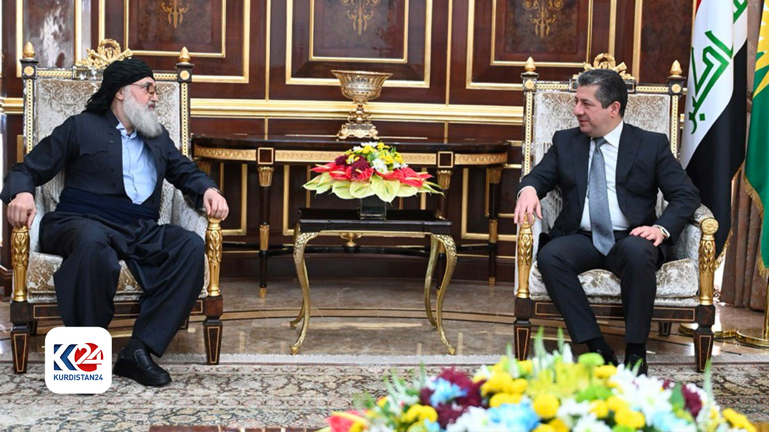 Kurdistan Region Prime Minister Masrour Barzani (right) during his meeting with Erfan Ali Abdulaziz, the leader of the Kurdistan Islamic Movement, Nov. 11, 2023. (Photo: KRG)