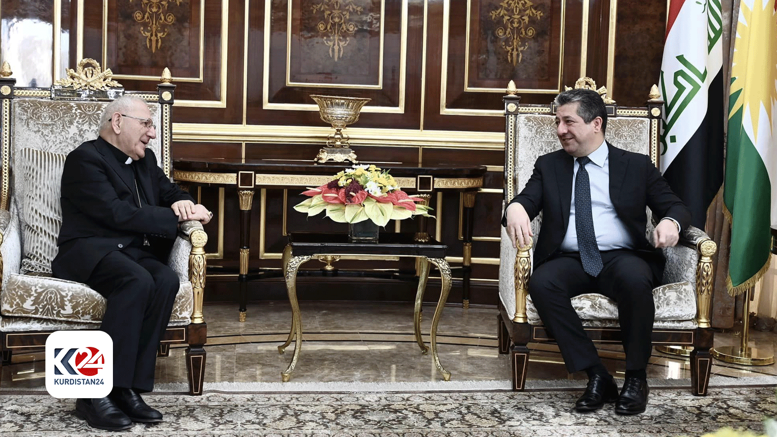 Kurdistan Region Prime Minister Masrour Barzani (right) during his meeting with Cardinal Louis Raphael Sako, the head of the Chaldean Catholic Church in Iraq and the World, Nov. 13, 2023. (Photo: KRG)