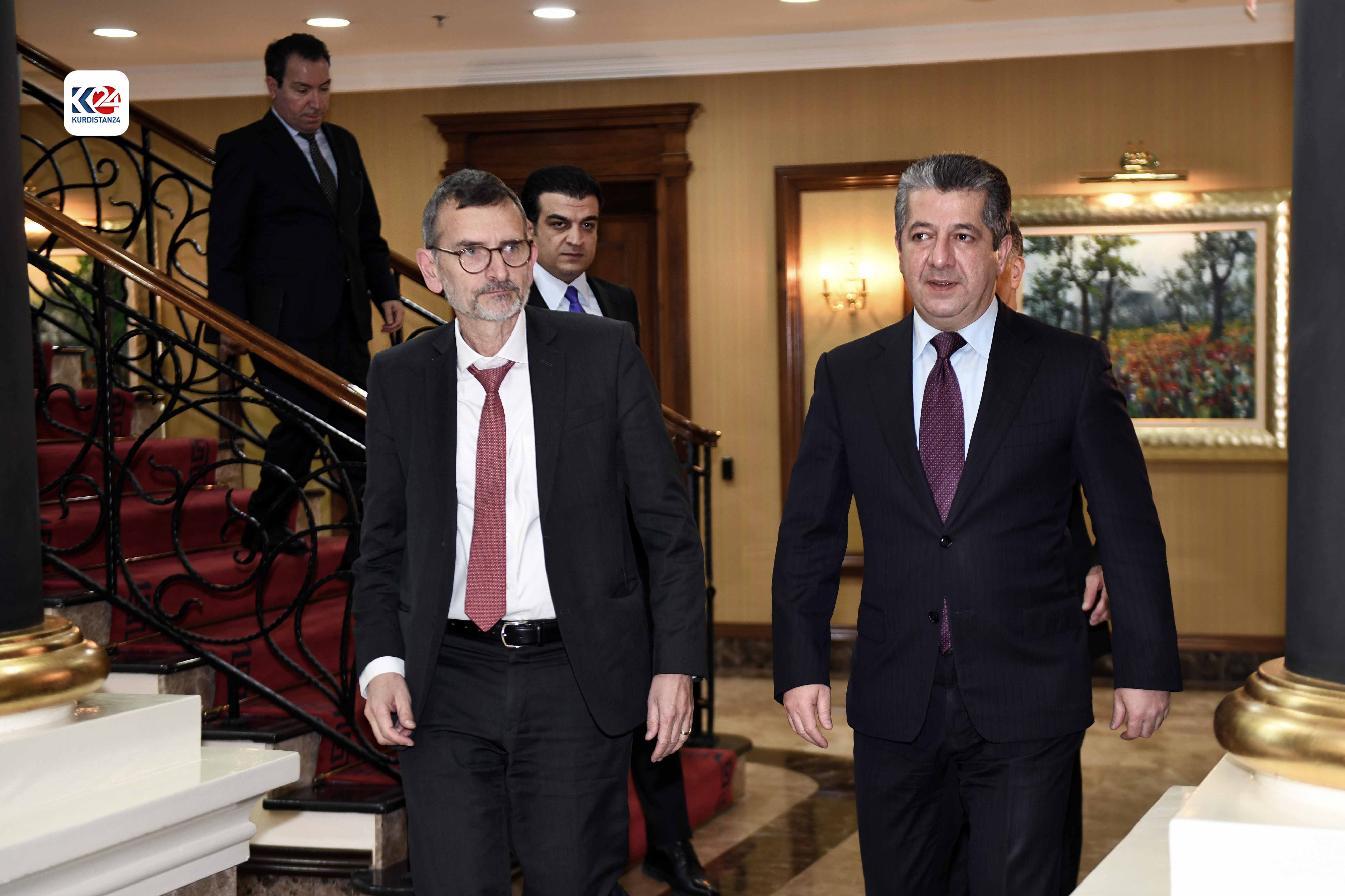 Kurdistan Region Prime Minister Masrour Barzani (right) walking alongside with Volker Perthes, Head of the Independent Strategic Review of the UNAMI, Nov. 15, 2023. (Photo: KRG)