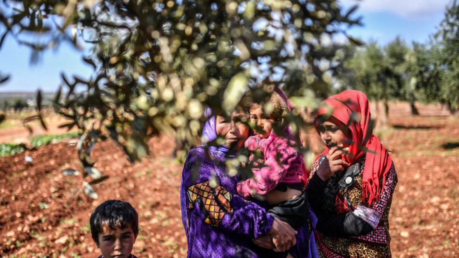 Syrians look on behind an olive tree branch as they arrive at a checkpoint in the village of Anab, March 17, 2018 (Photo: Bulent Kilic/AFP)