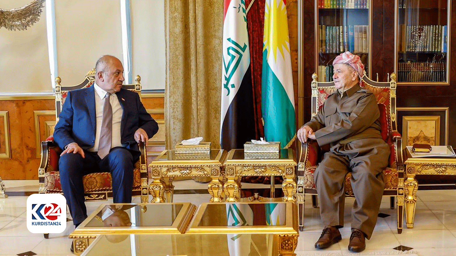 KDP President Masoud Barzani (right) during his meeting with Iraqi Defense Minister Thabet Muhammad al-Abbasi, Oct. 18, 2023. (Photo: Barzani Headquarters)