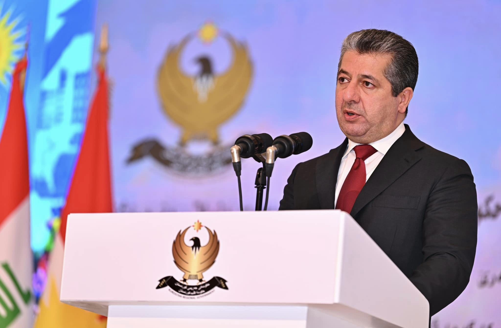 Kurdistan Region Prime Minister Masrour Barzani delivering remarks at the laying-the-foundation-stone ceremony of Zakho Industrial Zone, recycling plant, Nov. 19, 2023. (Photo: KRG)