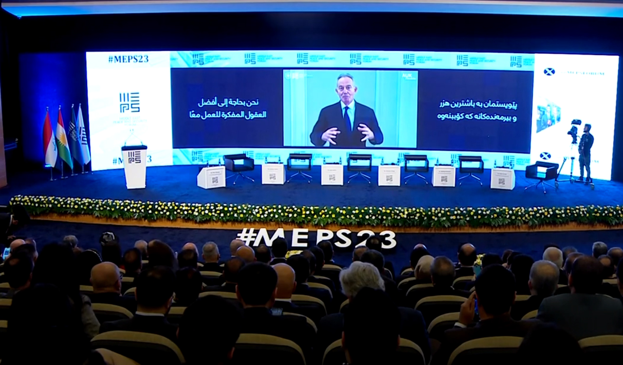 Former UK Prime Minister Tony Blair is addressing MEPS23 via a video message, Nov. 20, 2023. (Photo: Kurdistan 24)