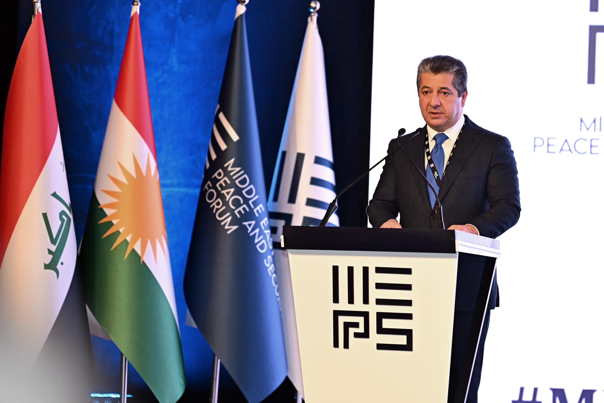 Kurdistan Region Prime Minister Masrour Barzani delivering remarks at MEPS 2023 in Duhok, Nov. 20, 2023. (Photo: KRG)