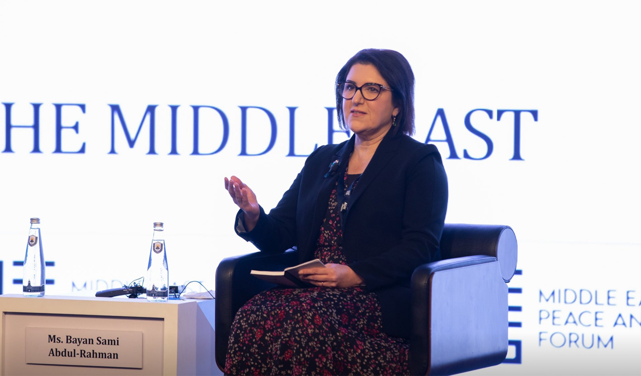 Bayan Sami Abdul Rahman, senior advisor to Prime Minister Masrour Barzani foreign affairs and climate change, speaking at a MEPS23 panel in Duhok, Nov. 21, 2023. (Photo: MEPS)