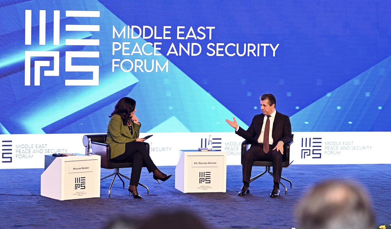 Kurdistan Region Prime Minister Masrour Barzani (right) is pictured during his participation at a special conversation chaired by BBC's Maryham Moshiri, Nov. 21, 2023. (Photo: KRG)