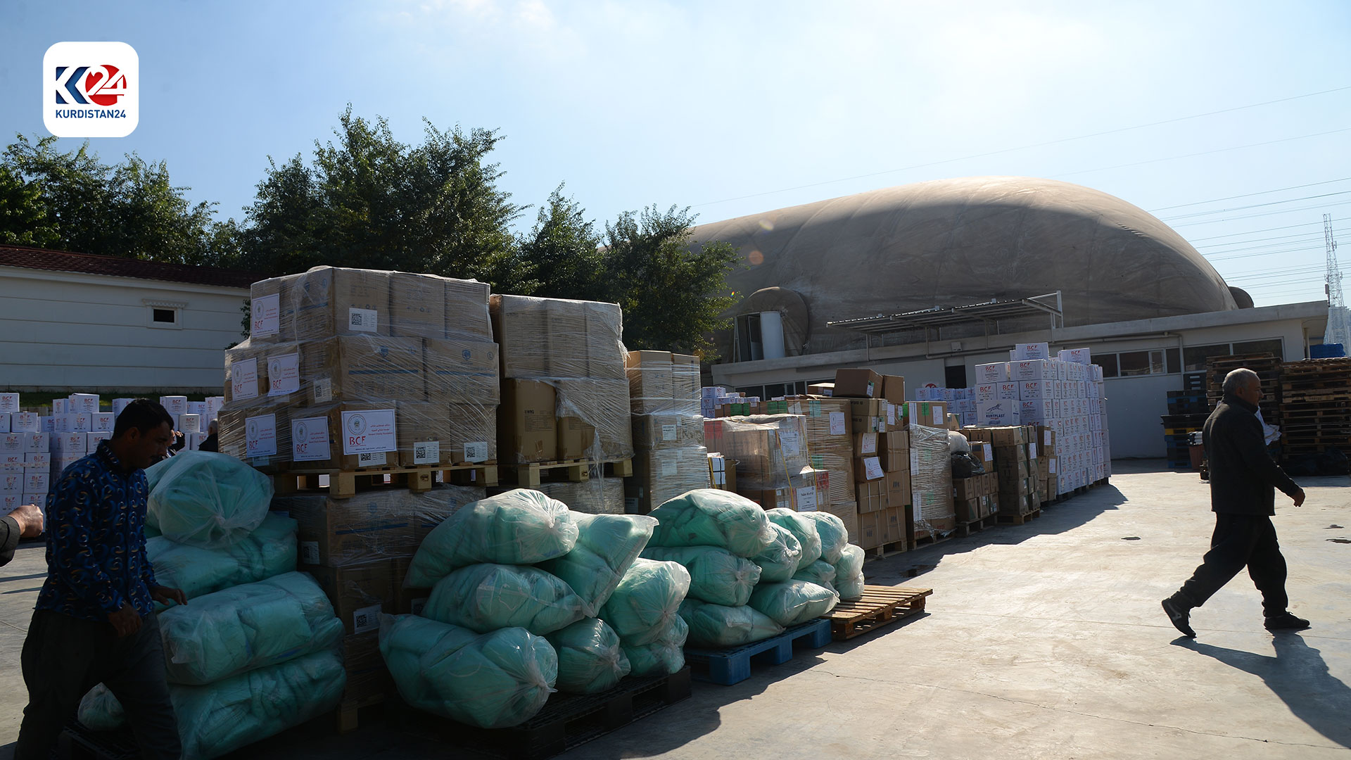 Boxes of humanitarian aid ready for shipment to Borg El Arab Airport, Nov. 22, 2023. (Photo: Kurdistan 24) 