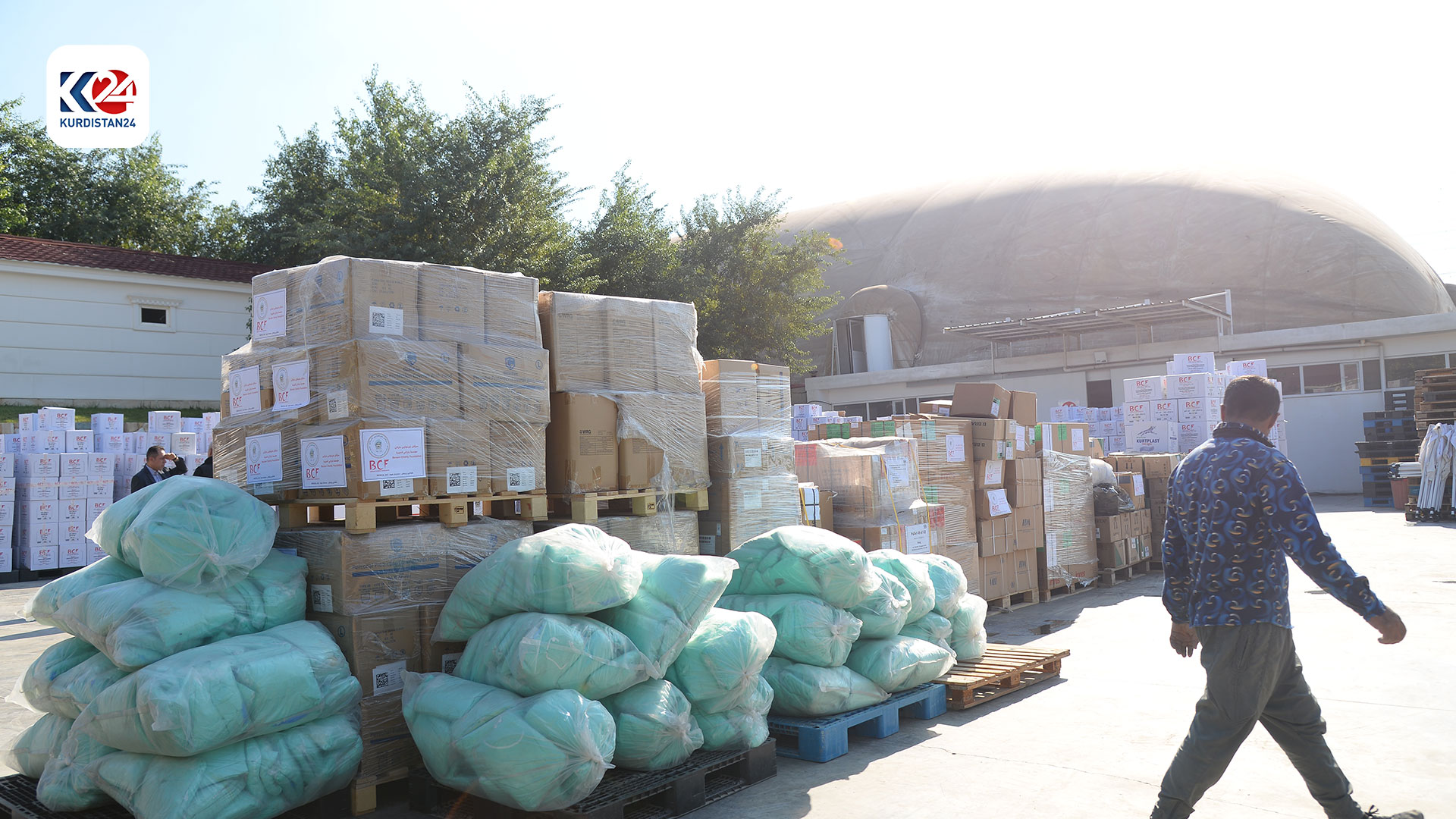 Boxes of humanitarian aid ready for shipment to Borg El Arab Airport, Nov. 22, 2023. (Photo: Kurdistan 24) 