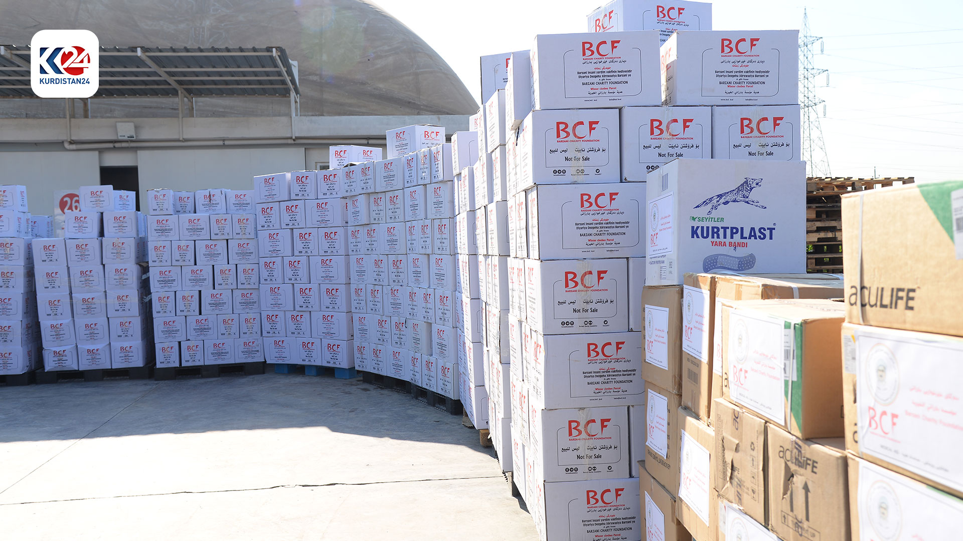 Boxes of humanitarian aid ready for shipment to Borg El Arab Airport, Nov. 22, 2023. (Photo: Kurdistan 24) 