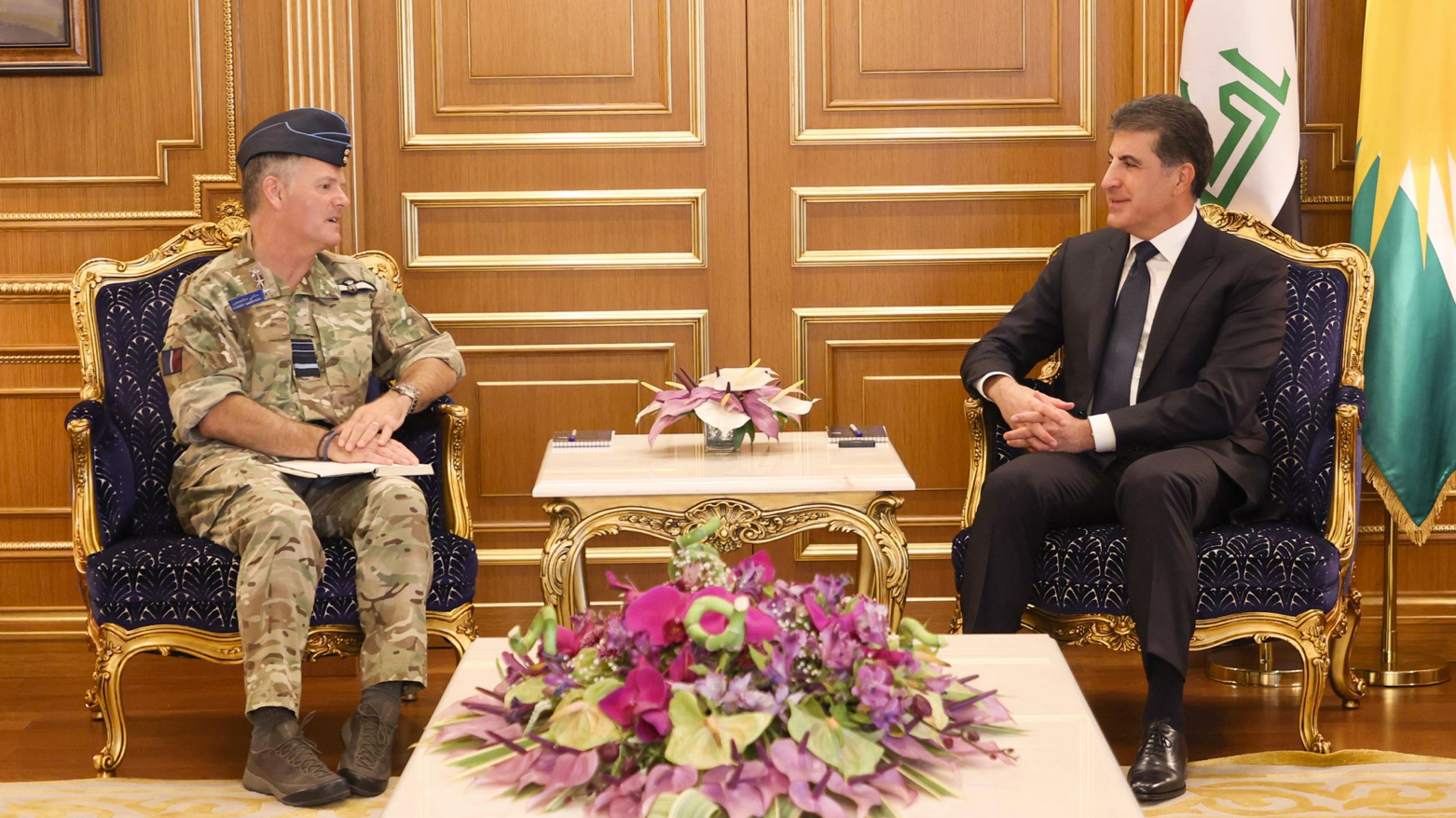 President Nechirvan Barzani (right) during his meeting with Mar. Martin ‘Sammy’ Sampson, UK Defense Senior Advisor Middle East and North Africa, Nov. 22, 2023. (Photo: Kurdistan Region Presidency))