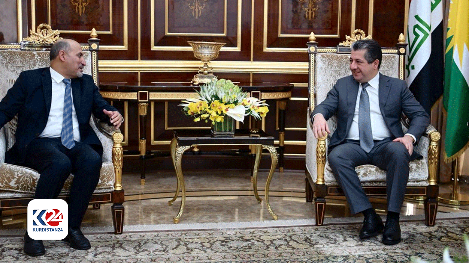 Kurdistan Region Prime Minister Masrour Barzani (right) during his meeting with Ahmad Jarba, the leader of Syria's Tomorrow Movement, Nov. 25, 2023. (Photo: KRG)