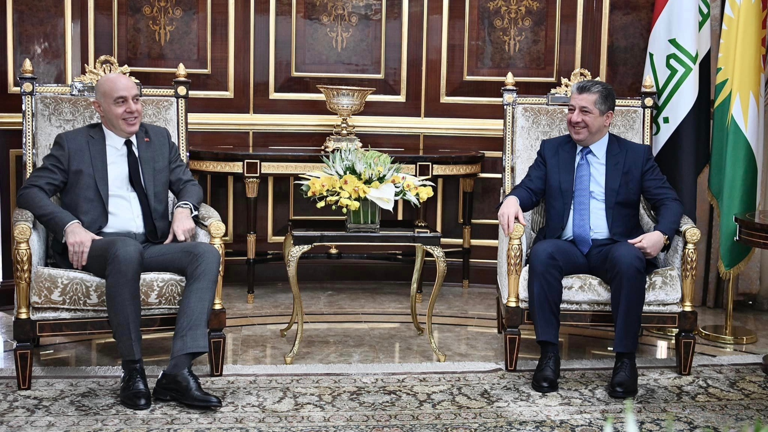 Kurdistan Region Prime Minister Masrour Barzani (right) during his meeting with Turkish Ambassador to Iraq Ali Reza Guney in Erbil, Nov. 27, 2023. (Photo: KRG)