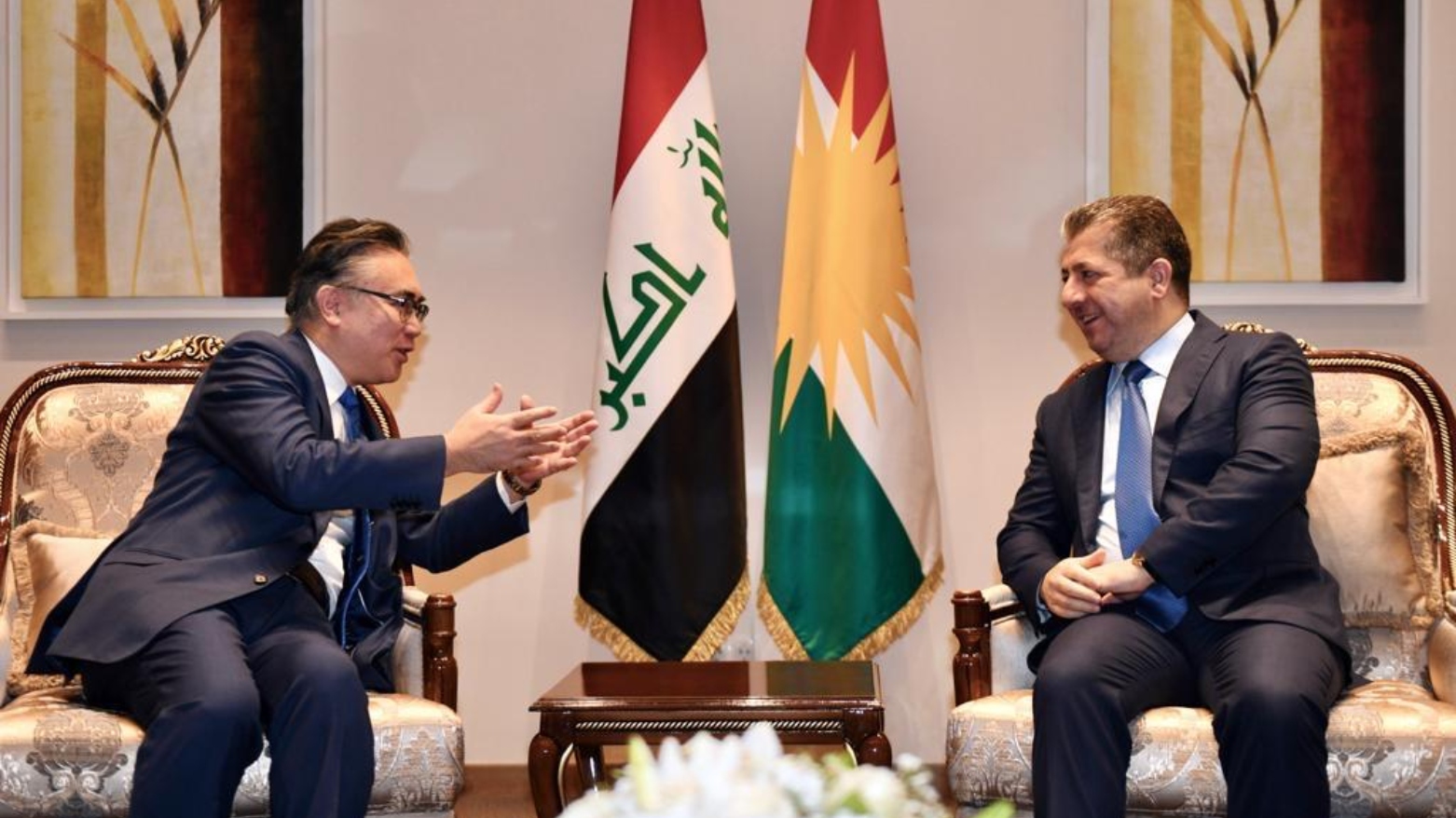 Kurdistan Region Prime Minister Masrour Barzani (right) during his meeting with Japanese Ambassador to Iraq Futoshi Matsumoto, Nov. 29, 2023. (Photo: Futoshi Matsumoto/X)
