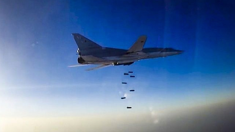 In this screengrab provided by the Russian Defense Ministry press service, a Russian long range Tu-22M3 bomber carries out an air strike over Aleppo region of Syria on Tuesday, Aug. 16, 2016. (Photo: Russian Defense Ministry Press Service p