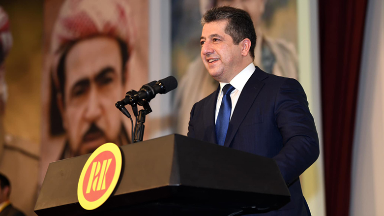 Prime Minister Masrour Barzani speaks during a KDP campaign rally for the Iraqi elections in the kurdistan Region's Erbil, Oct. 5, 2021. (Photo: Sabr Dri)