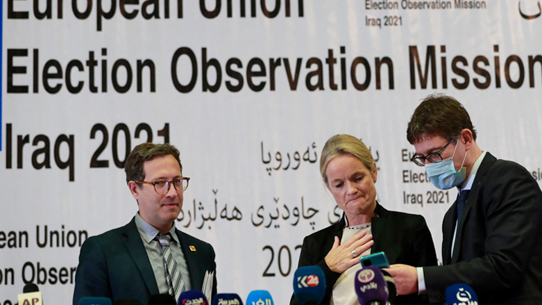 Head of the European Parliament’s delegation Domenec Ruiz Devesa (left), Chief Observer of the European Union Election Observation Mission to Iraq Viola von Cramon (right), Oct. 10, 2021. (Photo: Ahmad al-Rubaye/AFP)
