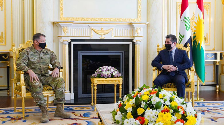 Kurdistan Region Prime Minister Masrour Barzani during a meeting with the commander of the coalition forces in Iraq and Syria, Maj. Gen. John Brennan on Oct. 17, 2021. (Photo: KRG)