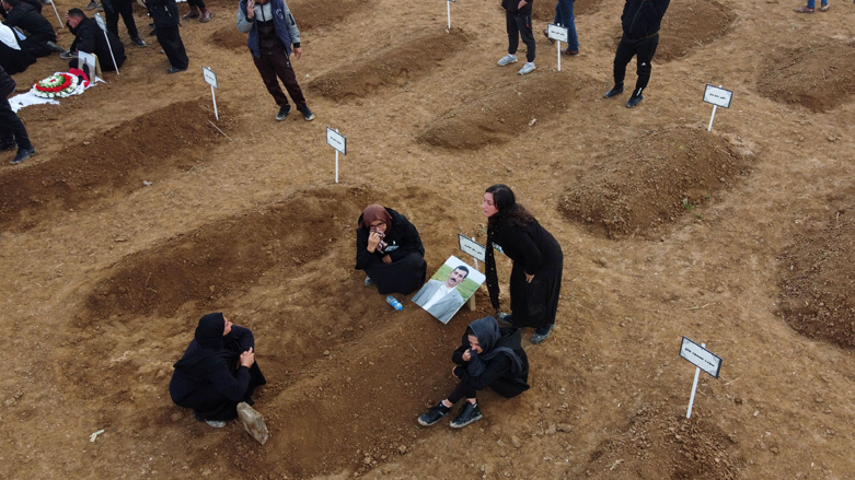 An aerial picture shows mourners gathering around coffins wrapped with the Iraqi flag during a mass funeral for Yazidi victims of ISIS in the village of Kojo in Sinjar district, Feb. 6, 2021. (Photo: Zaid Al-Obeidi/AFP)