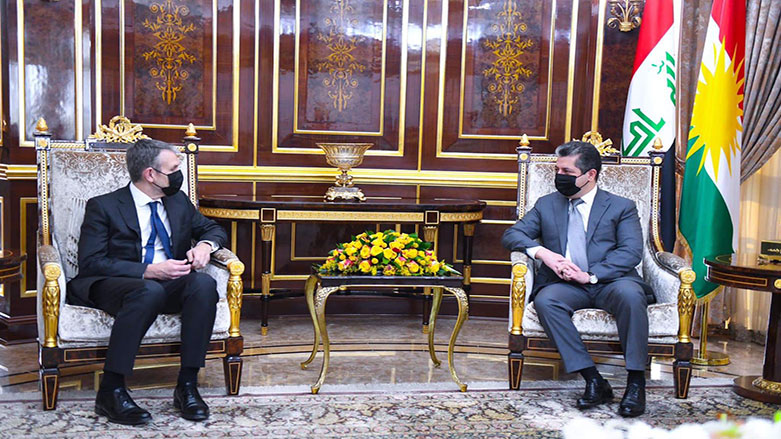 Kurdistan Region Prime Minister Masrour Barzani (right) receives Jonas Loven, the new Swedish ambassador to Iraq, Oct. 21, 2021. (Photo: KRG)