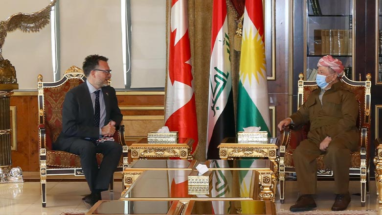 President Masoud Barzani, leader of the Kurdistan Democratic Party, with outgoing Canadian Ambassador to Iraq Ulric Shannon, Oct. 24, 2021. (Photo: Barzani Headquarter)