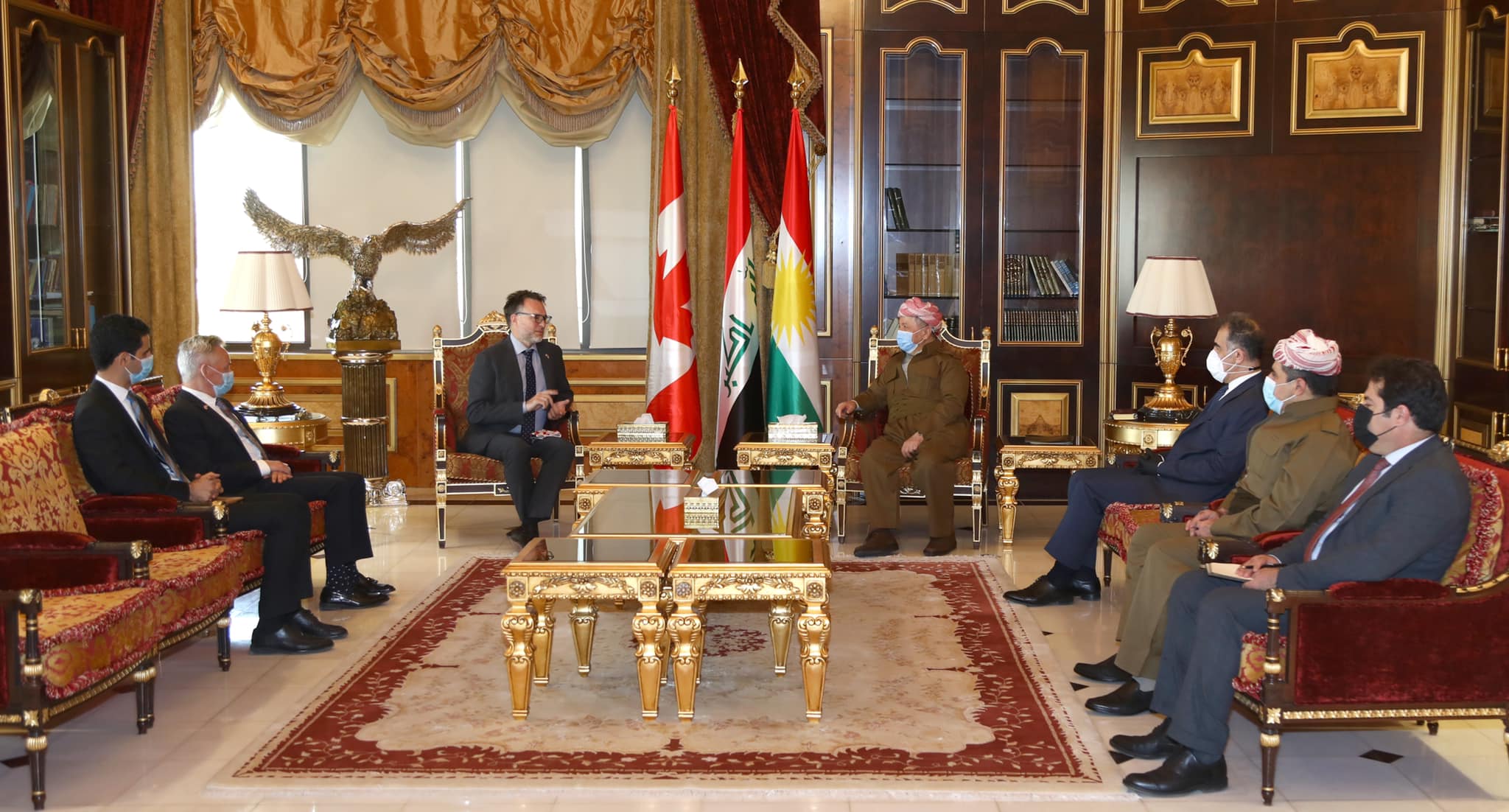 President Masoud Barzani (top right) during his meeting with Ulric Shannon, the outgoing Canadian Ambassador to Iraq, Oct. 24, 2021. (Photo: Barzani Headquarters)