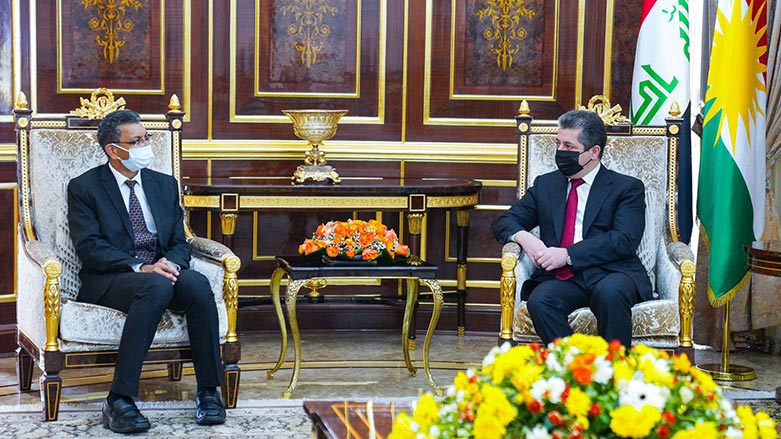 Kurdistan Region PM Masrour Barzani (right) during his meeting with Indian Ambassador to Iraq Prashant Pise, Oct. 25, 2021. (Photo: KRG)