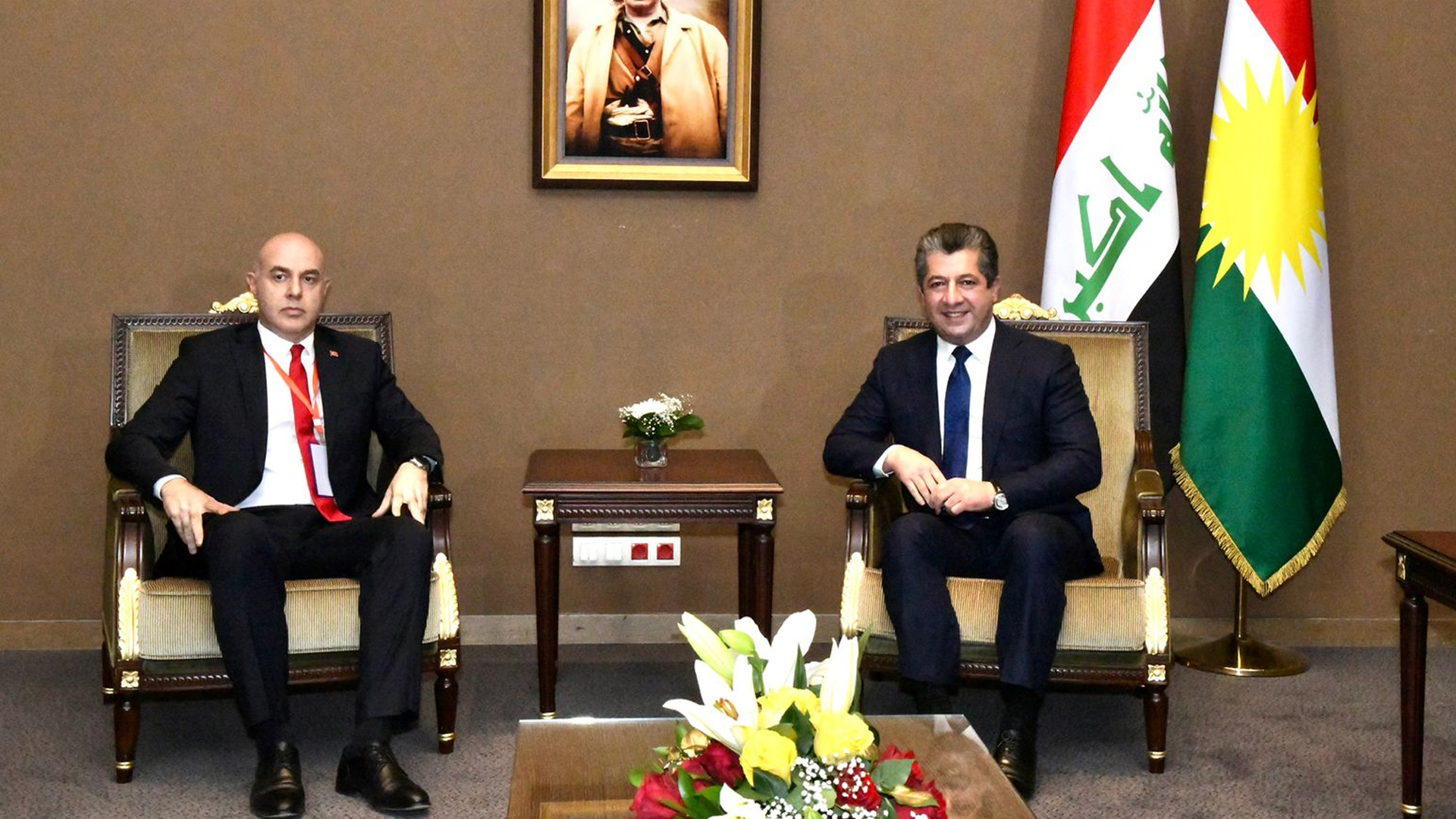 Kurdistan Region Prime Minister Masrour Barzani (right) receives Turkey's Ambassador to Iraq, Ali Rıza Guney, Oct. 27, 2021. (Photo: KRG)