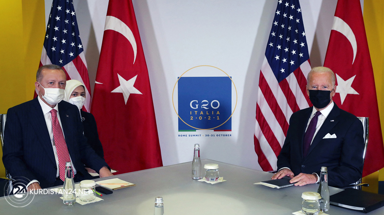 Turkey's President Recep Tayyip Erdogan (L)and US President Joe Biden (R) attending a meeting during the G20 Summit at the Roma Convention Center La Nuvola, Oct. 31, 2021. (Photo: Murat Cetin Muhurdar/Turkish Presidential Press Service/AFP)