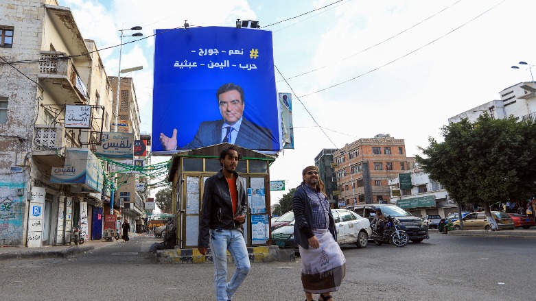 A portrait of Lebanese Information Minister George Kordahi, erected by Yemen's Huthi rebels, is displayed on a billboard in the Yemeni capital Sanaa on October 31, 2021. (Photo: Mohammed HUWAIS / AFP)