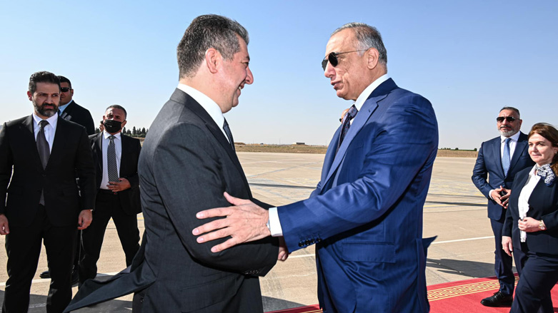 Kurdistan Region Prime Minister Masrour Barzani (left) receiving his Iraqi counterpart Mustafa Al-Kadhimi at Erbil International Airport, Oct. 3, 2022. (Photo: KRG)