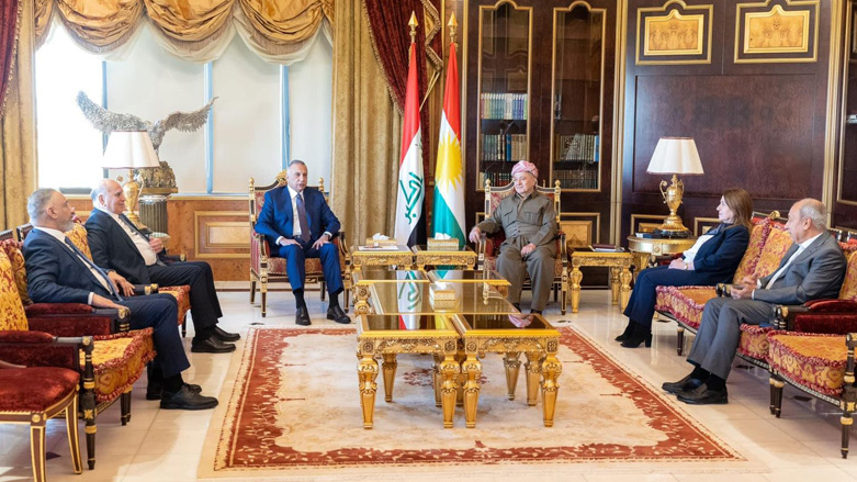 Kurdistan Democratic Party (KDP) President Masoud Barzani (top right) during his meeting with Iraqi Prime Minister Mustafa Al-Kadhimi, Oct. 3, 2022. (Photo: Barzani Headquarters)
