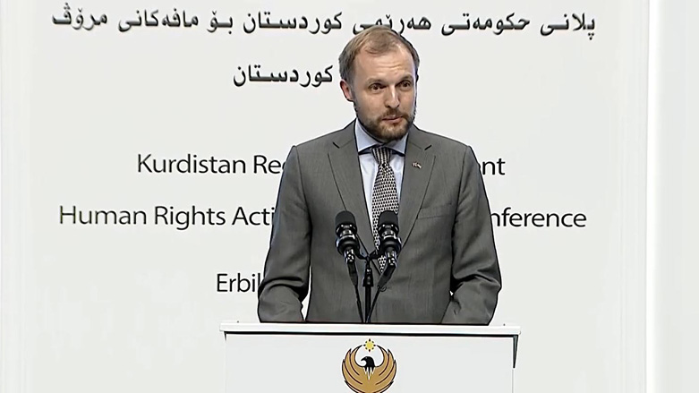 Jamie Hamill, acting British Consul General in Erbil, delivering a speech at the Regional Action Plan for Human Rights Conference in Erbil, Oct. 6, 2022. (Photo: Kurdistan 24)