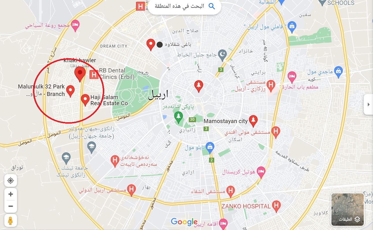 نه&zwnj;خشه&zwnj;ی شاری هه&zwnj;ولێر، كه&zwnj; گه&zwnj;ڕه&zwnj;كی سی و دووی پارك تێیدا نیشان كراوه&zwnj; 
