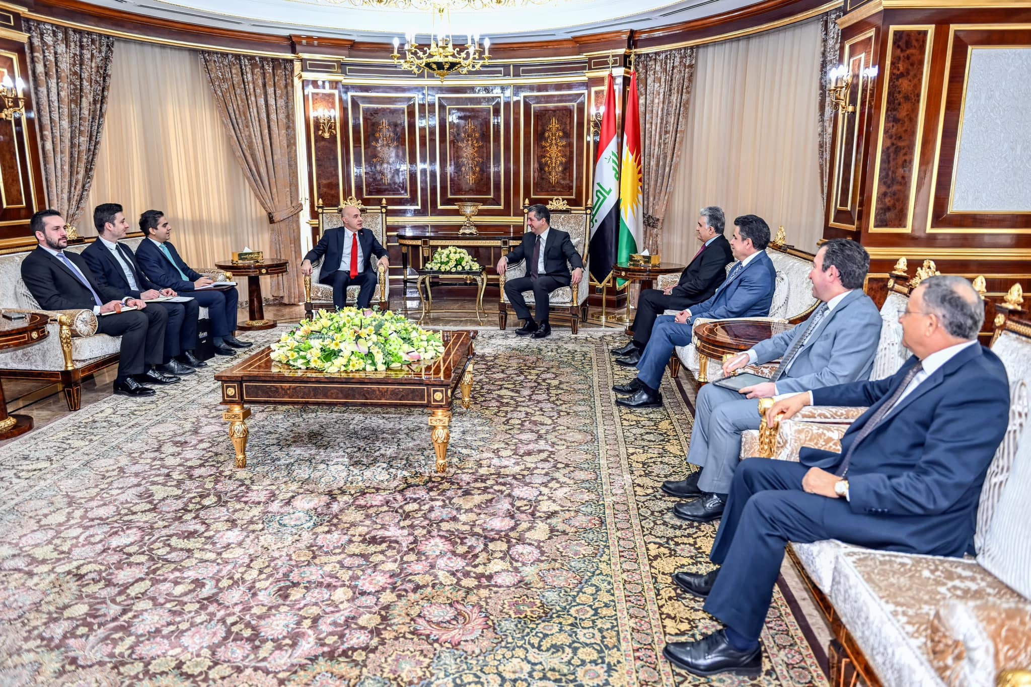 Kurdistan Region Prime Minister Masrour Barzani (top right) during his meeting with Turkish Ambassador to Iraq Ali Riza Gunney, Oct. 9, 2022. (Photo: KRG)