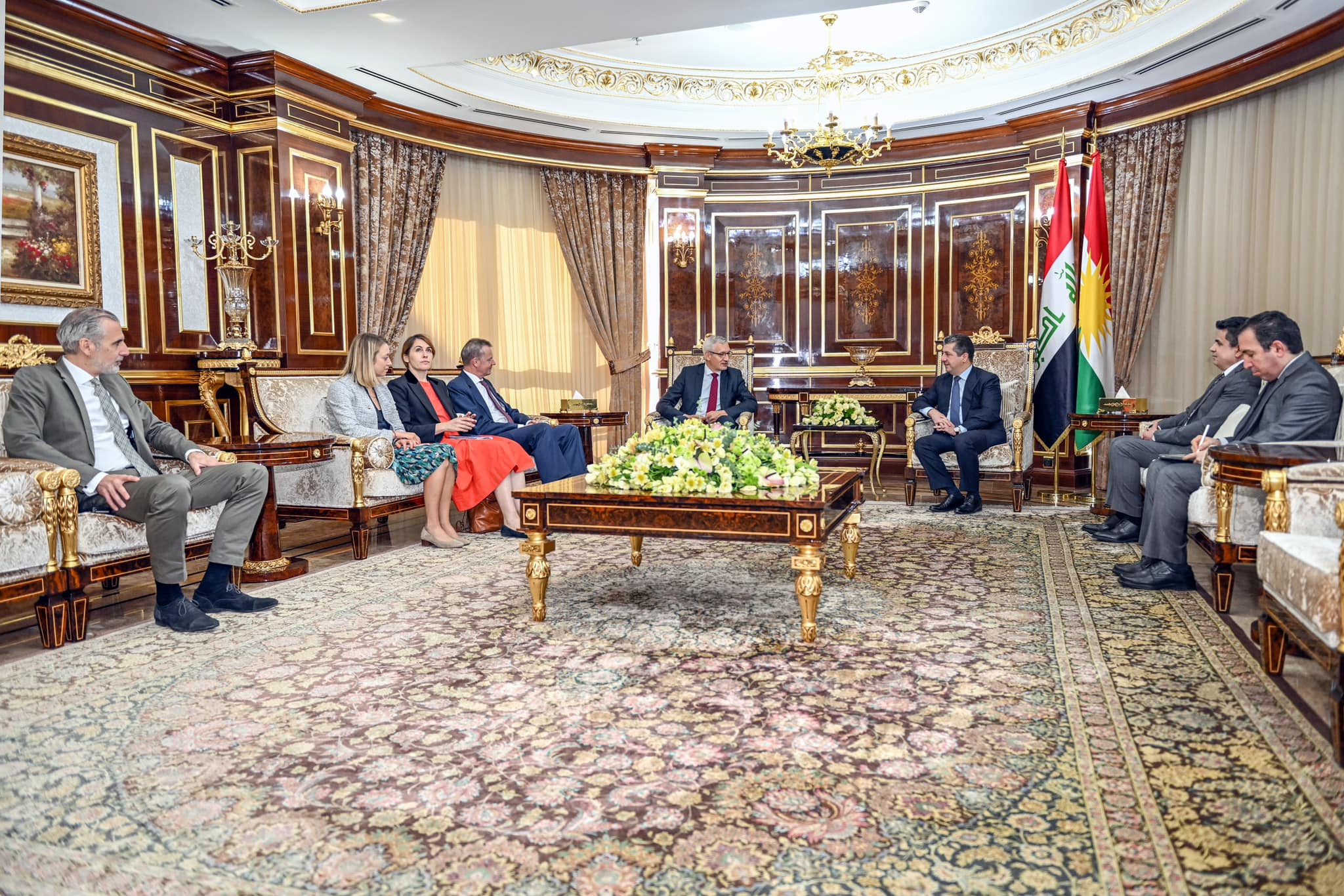 Kurdistan Region Prime Minister Masrour Barzani (top right) during his meeting with German Ambassador to Iraq Martin Jaeger in Erbil, Oct. 10, 2022. (Photo: KRG)