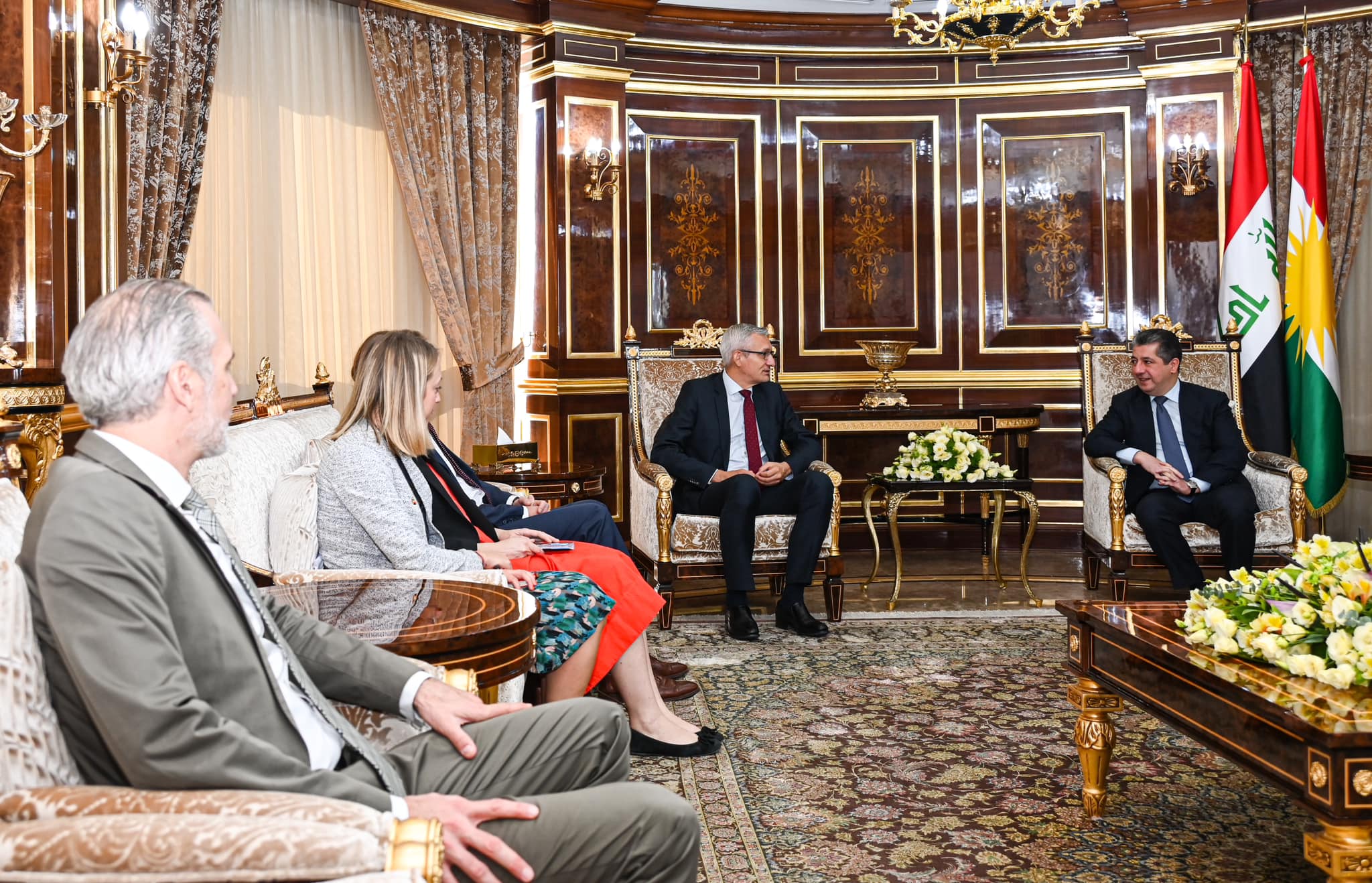 Kurdistan Region Prime Minister Masrour Barzani (top right) during his meeting with German Ambassador to Iraq Martin Jaeger in Erbil, Oct. 10, 2022. (Photo: KRG)
