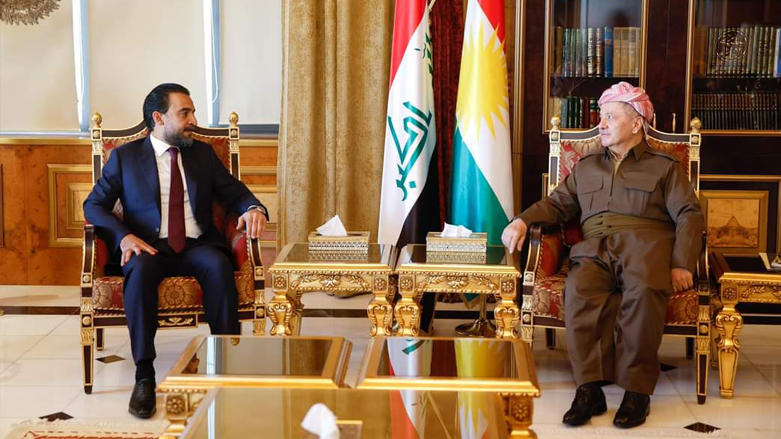 KDP President Masoud Barzani (right) during his meeting with Iraqi Speaker of Parliament Mohammad Al-Halboosi in Erbil, Oct. 10, 2022. (Photo: Barzani Headquarters)