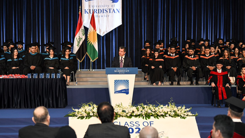 PM Masrour Barzani delivers a speech at the University of Kurdistan - Hawler, Oct 20, 2022 (Photo: KRG)