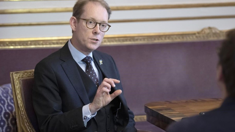 Swedish Foreign Minister Tobias Billstrom speaks during an interview with the Associated Press at the Ministry of Foreign Affairs in Stockholm, Oct 24 (Photo: Fredrik Sandberg/TT News Agency via AP)