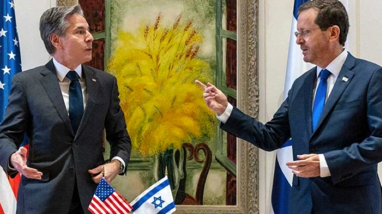 US Secretary of State Antony Blinken (left) meets with Israeli President Isaac Herzog at the Presidency in Jerusalem, on Sunday. AFP