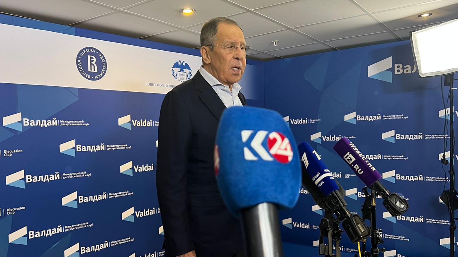 Russian Foreign Minister Sergey Lavrov speaking at the 20th annual meeting of the Valdai Discussion Club, Oct. 2, 2023. (Photo: Kurdistan 24)