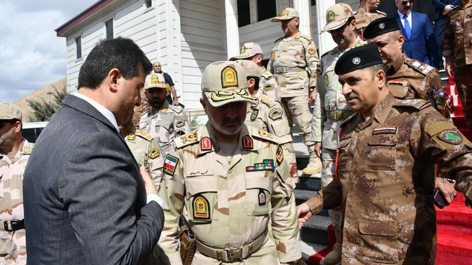 Brigadier-General Dler Zebari (right), commander of the Area 1 of Iraqi Border Guard, welcoming an Iranian military delegation in Haji Omaran, a border town in Erbil province, Oct. 3, 2023. (Photo: Courtesy of Zirak Malakani)